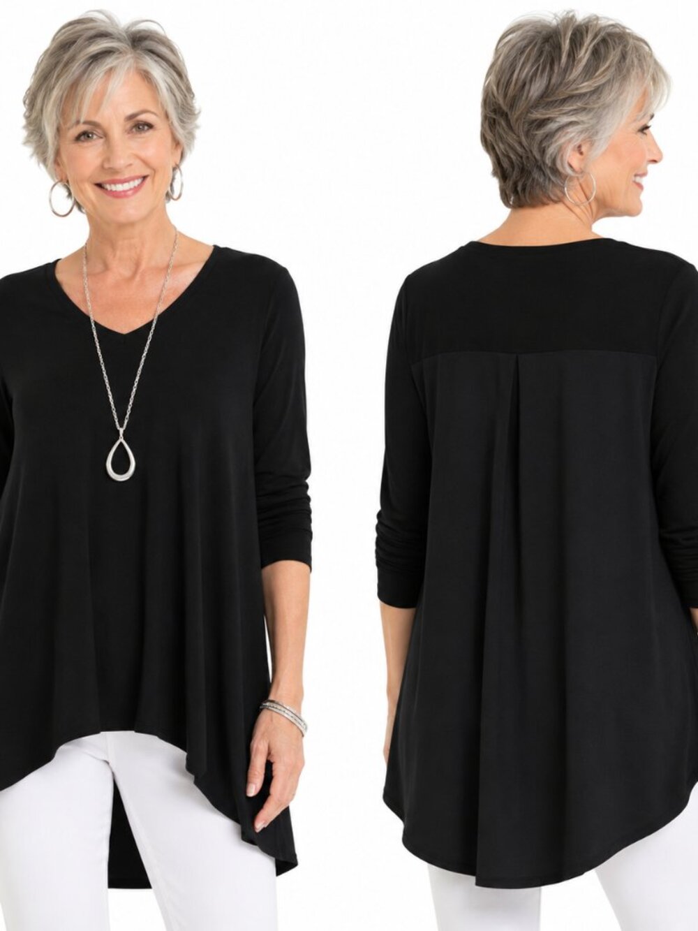2/$30 Chico’s Black Tunic Top Mixed Media Pleated Back High Low Hem Sz 0 (S)